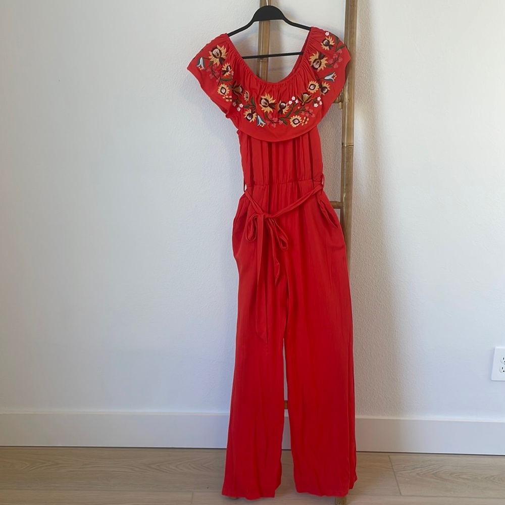 Embroidered Red Jumpsuit- off the shoulder